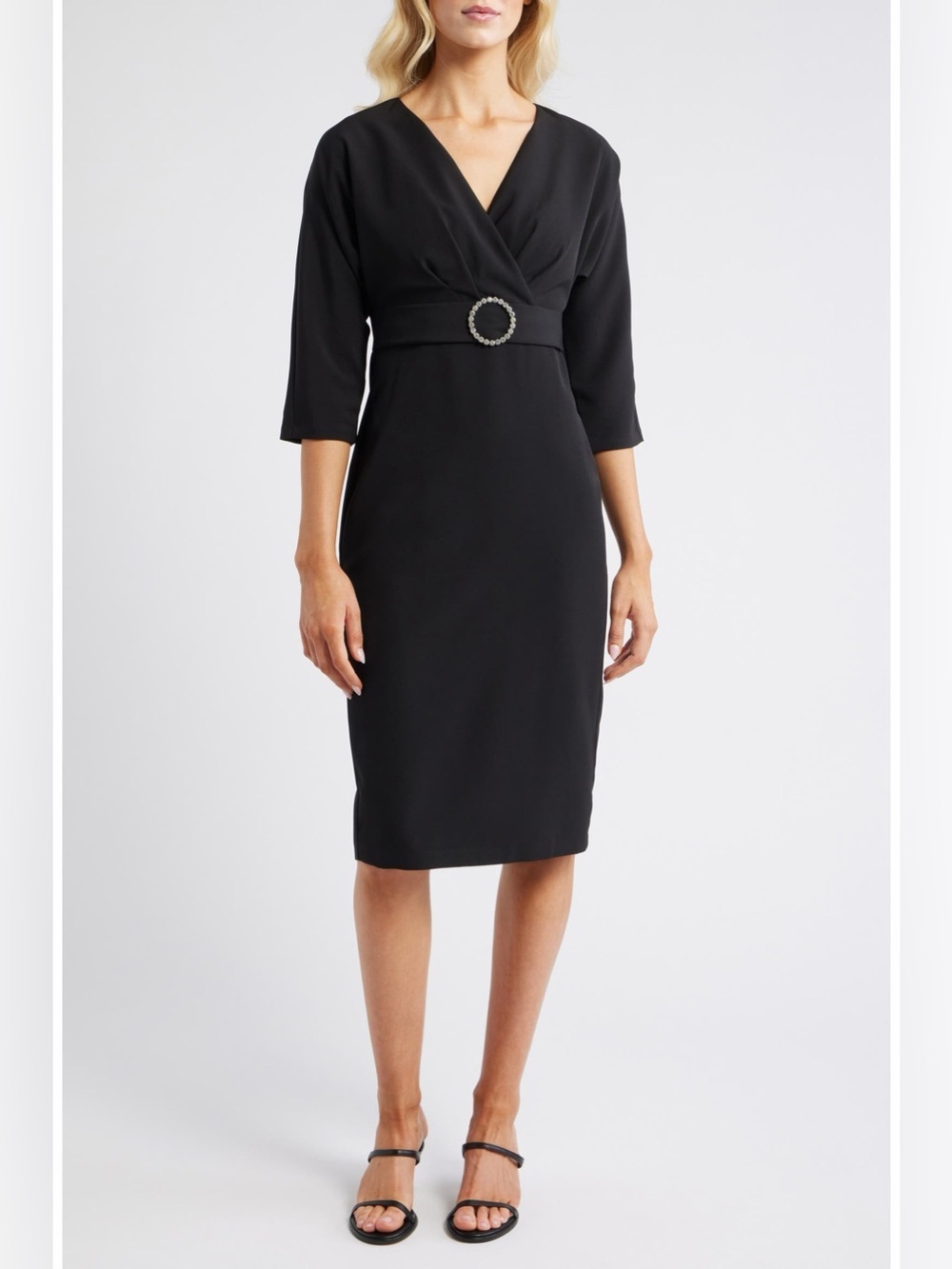 Eliza J Faux Wrap Cocktail Dress Black Buckle Waist Size 10 NWT